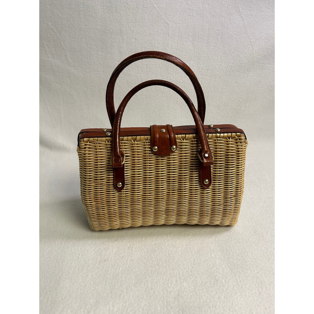 Cottagecore Vintage Women Medium Brown Wicker Leather Satchel Classic Timeless - Picture 2 of 12
